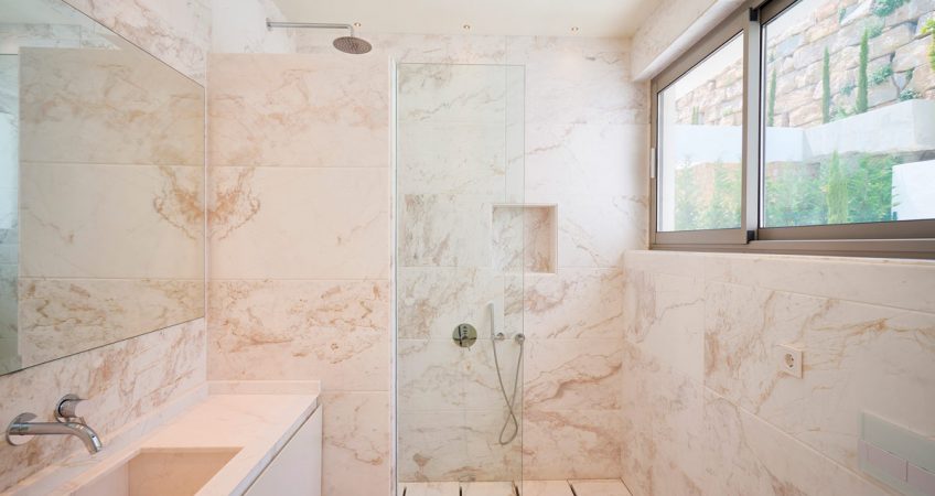 Honed Nebula White marble bathroom  