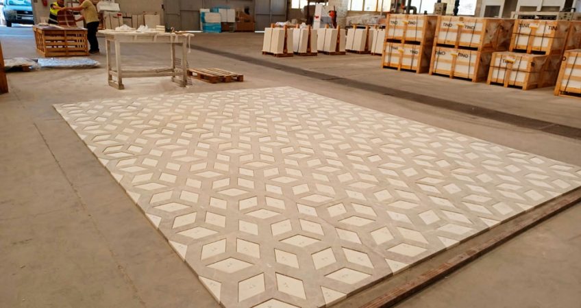 3D cube-shaped floor in marble mosaic  